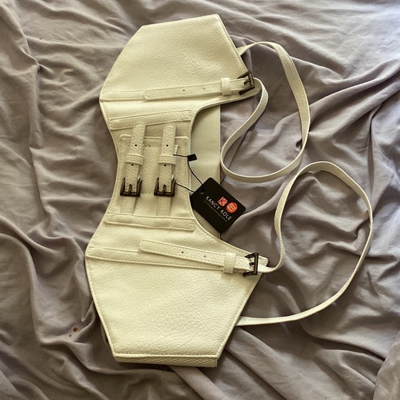 NEW Kancy Kole White Bra Leather-like Buckles Biker Stretchy Back Strap size XXL - Picture 1 of 5